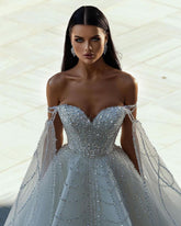 Chic Floor Length Sweetheart Off-The-Shoulder A-Line Sequined Wedding Dress
